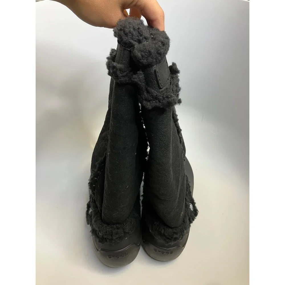 Crocs Winter Boots Women Size 9 Black Good Faux Fur Lined Tall Mid-Calf Boots